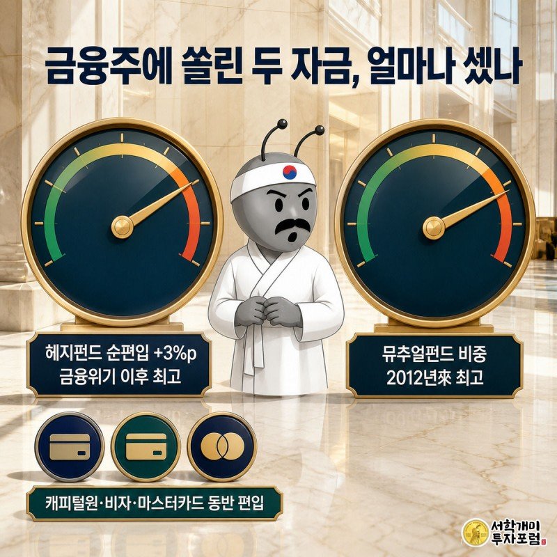 개미가 헤지펀드와 뮤추얼펀드의 금융주 비중을 나타내는 두 계기판 사이에 서서 양쪽 모두 바늘이 역대 최고 수준을 가리키는 것을 보고 놀라는 그림