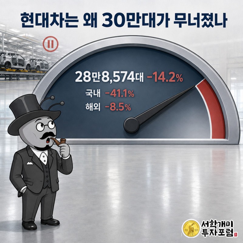 멈춰 선 현대차 조립라인 앞에서 30만대 문턱에 못 미친 계기판 바늘을 보고 놀라는 서학개미