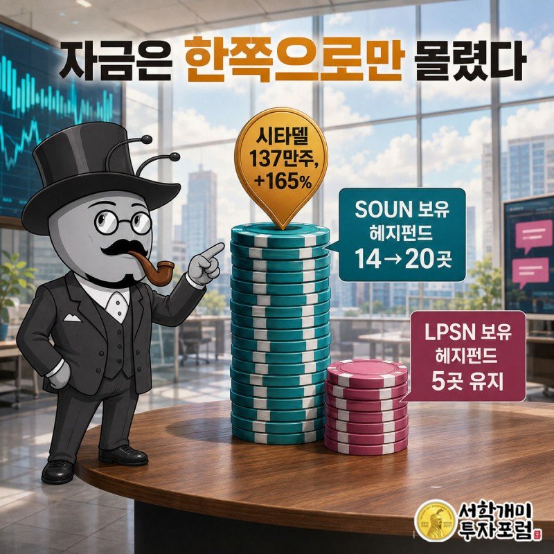 양반개미가 사운드하운드 칩 더미는 높이 쌓이고 라이브퍼슨 칩 더미는 낮게 멈춘 모습을 가리키고 있다.