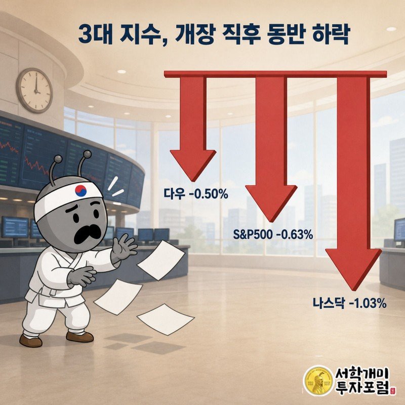 다우, S&#038;amp;P500, 나스닥이 나란히 하락하는 막대그래프를 부자개미가 당황한 표정으로 바라보는 그림