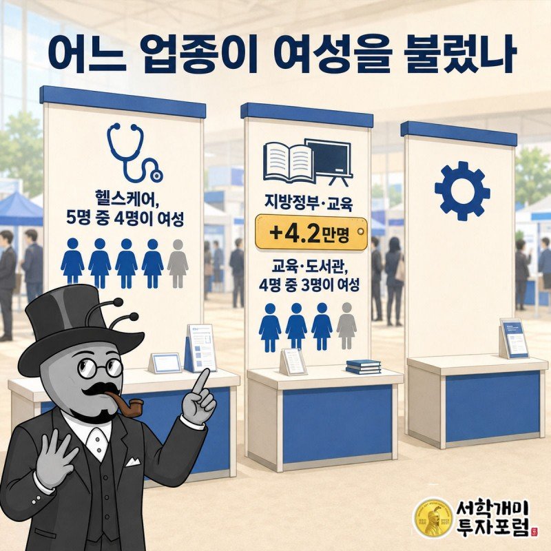 헬스케어·교육·제조업 아이콘 아래 여성 비중을 손가락으로 세는 개미