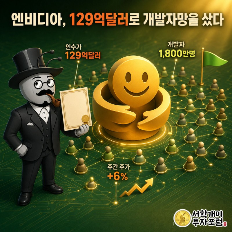 엔비디아가 허깅페이스 인수 증서를 들어올리는 장면, 배경에 수많은 개발자 아이콘이 흩어져 있다