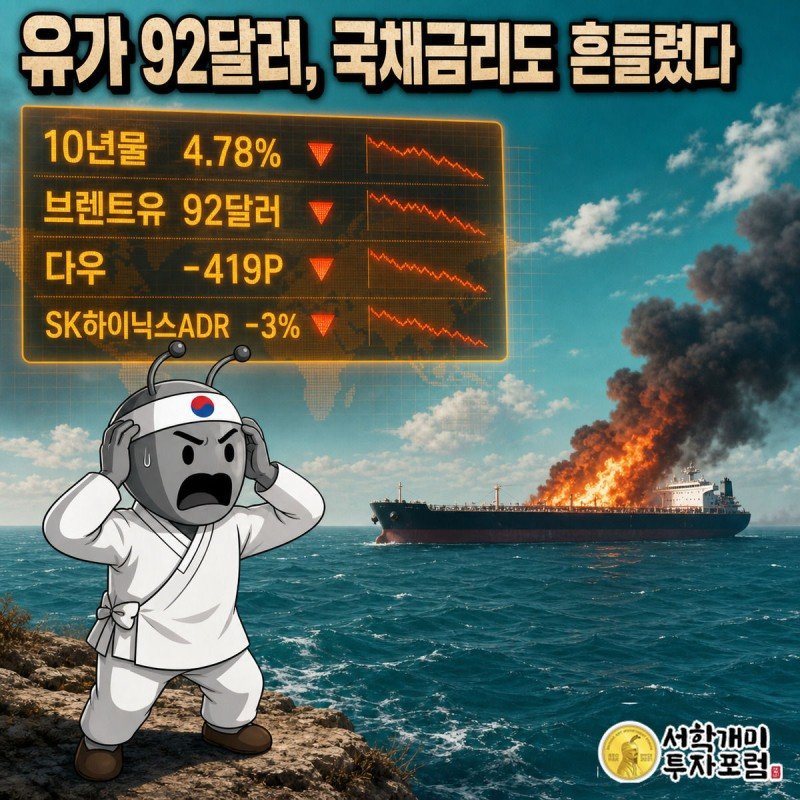 호르무즈 해협 유조선의 화염과 뉴욕 증시 하락 전광판을 함께 보며 놀라는 부자개미