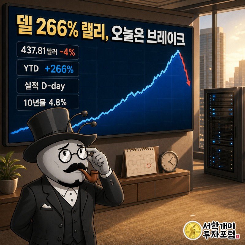 부자개미가 급등 후 꺾인 델 주가 차트 앞에서 불안한 표정으로 서 있는 모습