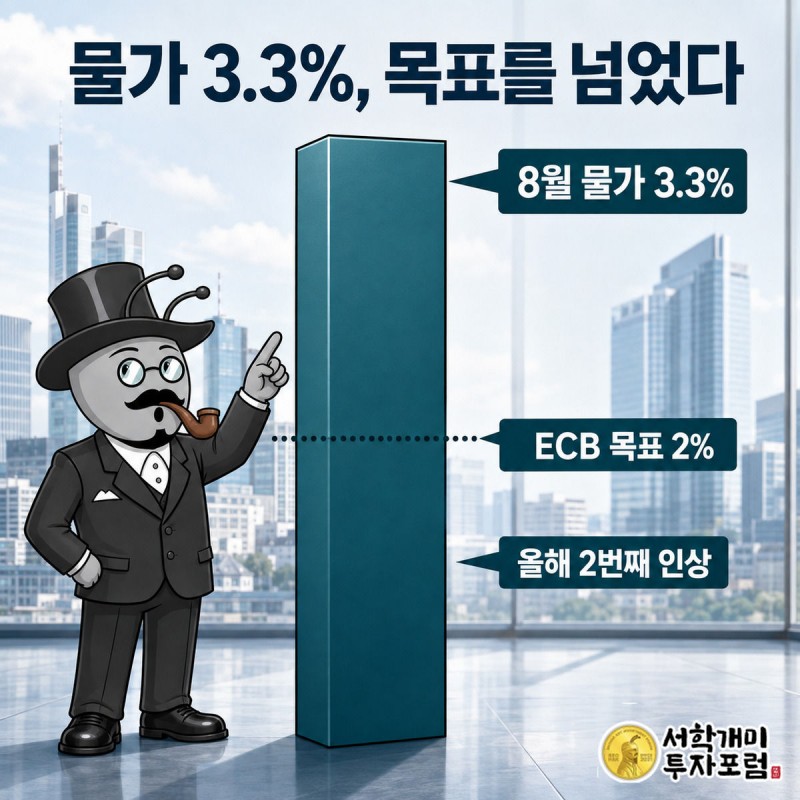 부자개미가 목표선 2%를 넘어 3.3%까지 치솟은 물가 막대그래프를 놀란 표정으로 가리키는 그림