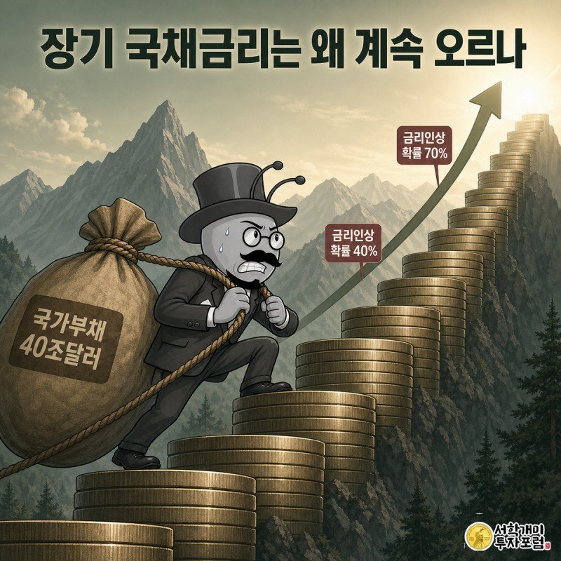 개미 캐릭터가 국가부채 자루를 끌며 가팔라지는 동전 계단을 오르고, 계단 위로 국채금리 상승 화살표와 금리 인상 확률 배지가 떠 있다.