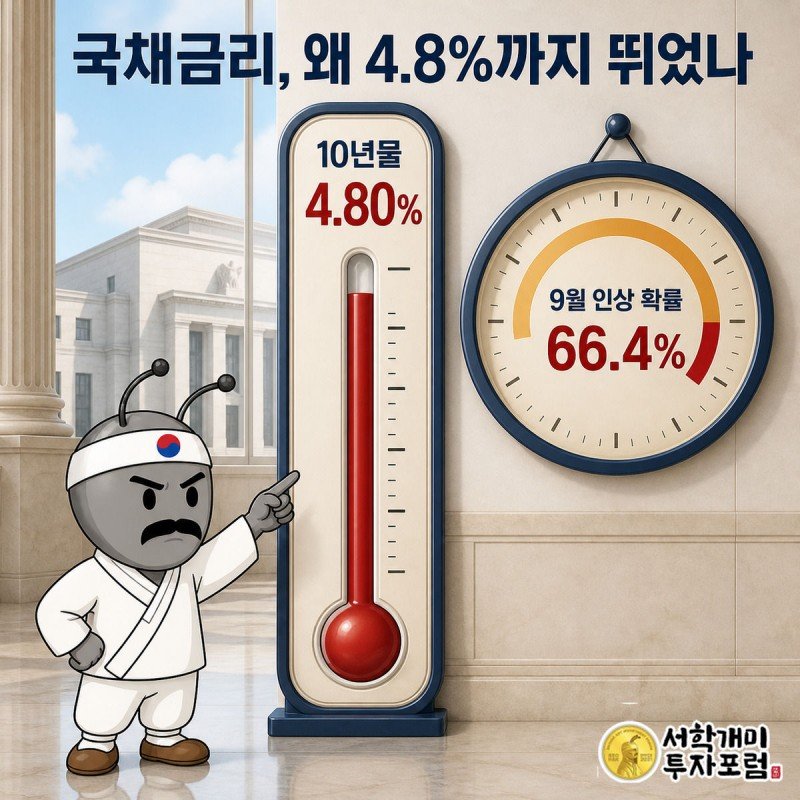 부자개미가 4.80%를 가리키는 국채금리 온도계 게이지와 66.4% 확률 다이얼을 심각하게 살펴보는 그림