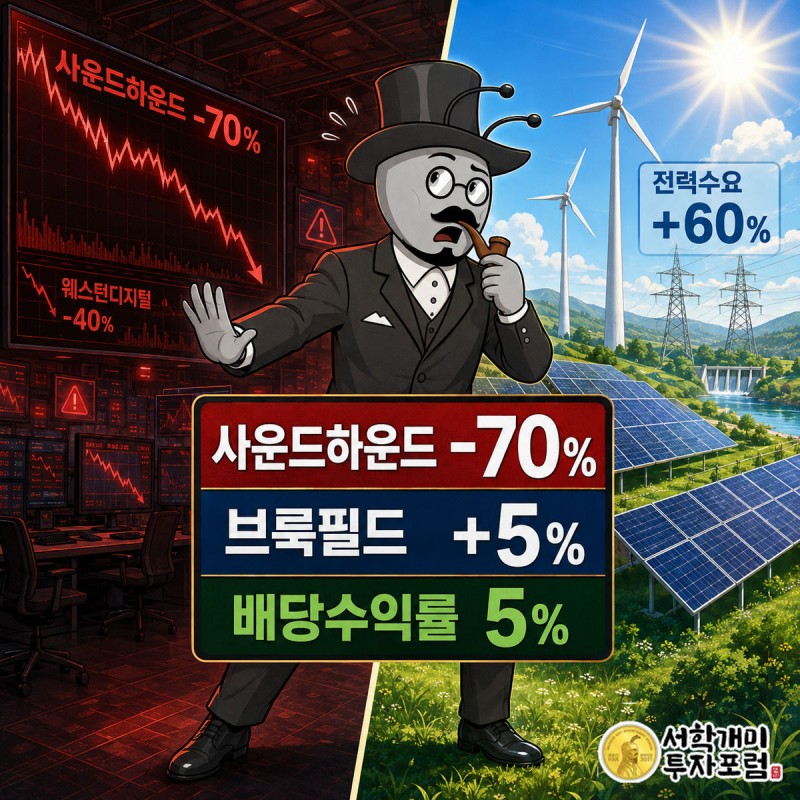 왼쪽엔 폭락한 사운드하운드 차트 앞에서 놀란 부자개미, 오른쪽엔 태양광·풍력 단지를 배경으로 여유로운 부자개미가 한 몸으로 갈려 서 있는 그림