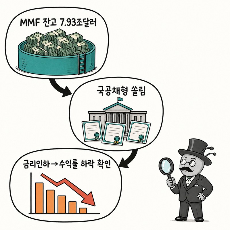 MMF 잔고와 국공채형 쏠림 및 금리인하 뒤 수익률 하락 확인점을 정리한 설명 이미지