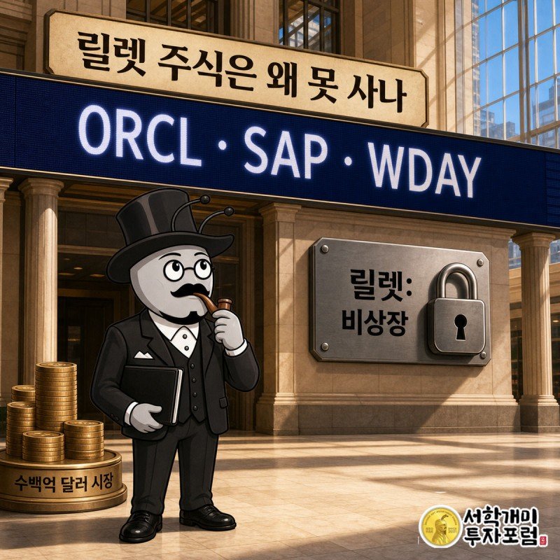 뉴욕증권거래소 전광판에 오라클·SAP·워크데이 티커가 뜨고, 부자개미가 서류를 들고 올려다보는 옆에 릴렛 비상장 도장이 찍혀 있다
