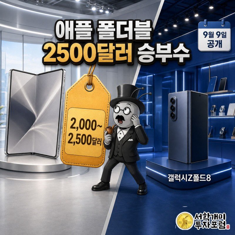 애플 폴더블 아이폰과 갤럭시Z폴드8이 화면을 대각선으로 가르고, 개미가 그 경계에 서서 2500달러 가격표에 놀라는 그림