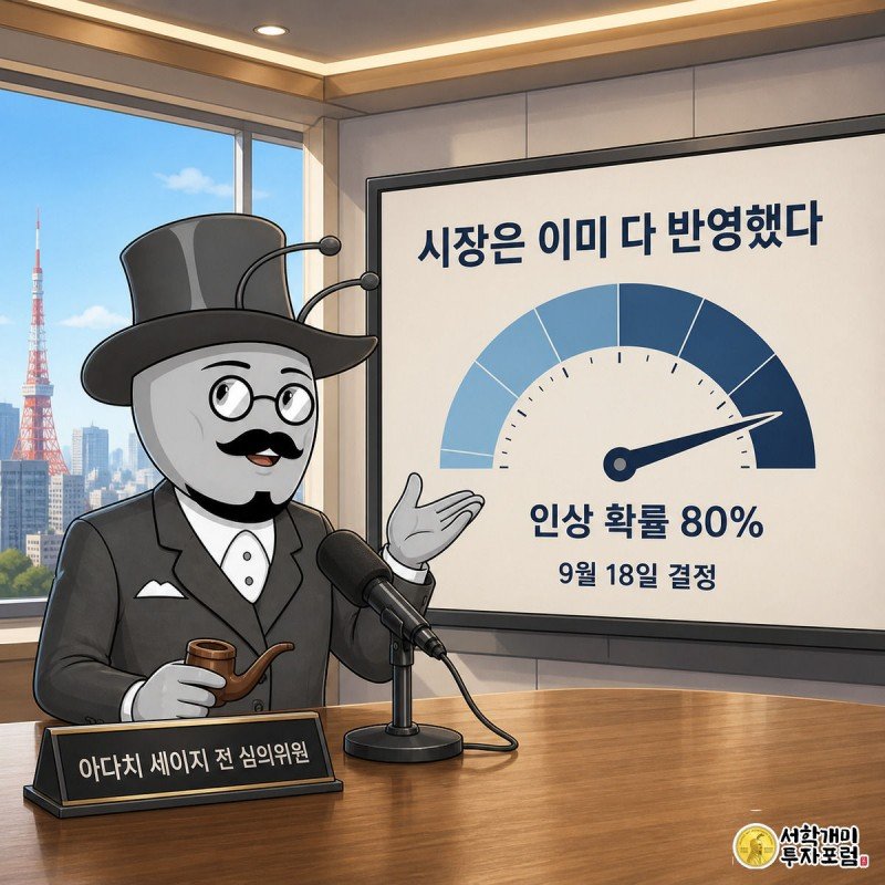 아다치 세이지 전 일본은행 심의위원 개미가 방송 인터뷰에서 9월 금리인상을 자신있게 전망하며 뒤편 게이지가 인상 확률 80%를 가리키는 모습