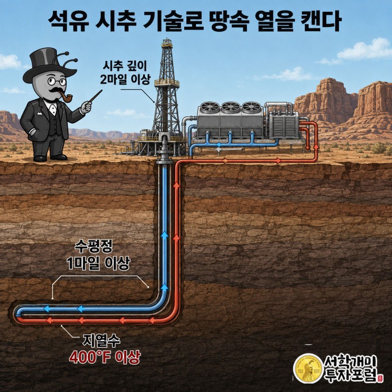지상 시추탑에서 지하 2마일 깊이의 수평 시추공까지 이어지는 지열발전 순환 경로를 부자개미가 손으로 짚어 보이는 단면도