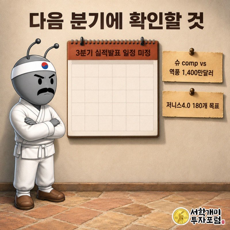 3분기 칸이 비어 있는 달력 앞에서 개미 캐릭터가 팔짱을 끼고 확인할 사항이 적힌 메모를 바라보는 장면