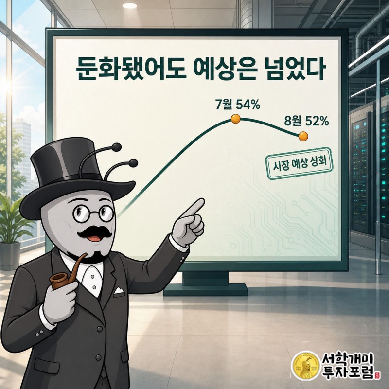 그래프 꼭짓점을 가리키며 안도하는 부자개미와 시장 예상 상회 스탬프가 찍힌 모니터