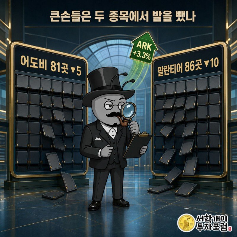 부자개미가 어도비와 팔란티어의 헤지펀드 보유 수가 줄어드는 카운터 보드를 확대경으로 확인하는 모습