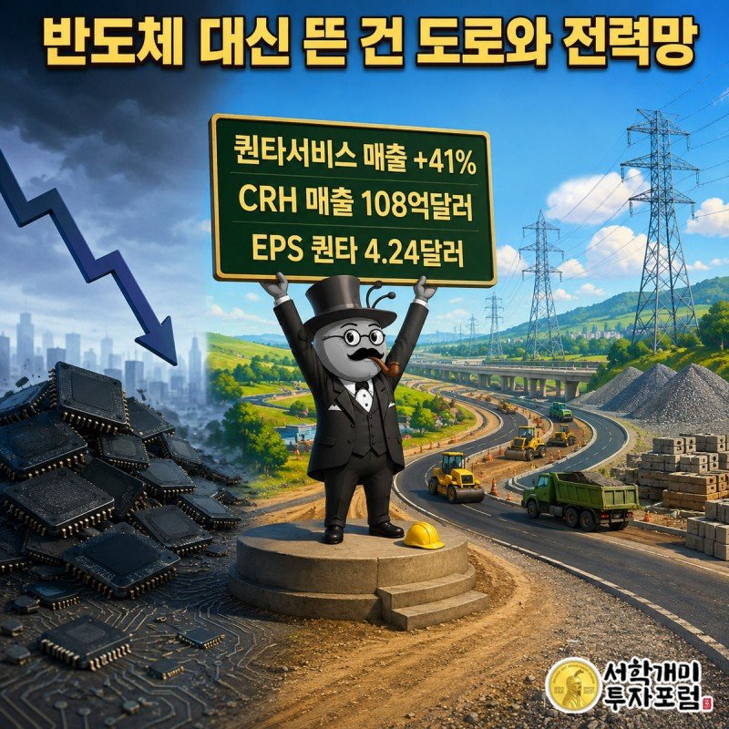 개미가 송전탑과 도로 공사 현장에서 퀀타서비스·CRH 매출 표지판을 들어올리는 장면, 왼쪽에는 흐려진 반도체 칩 더미가 보인다