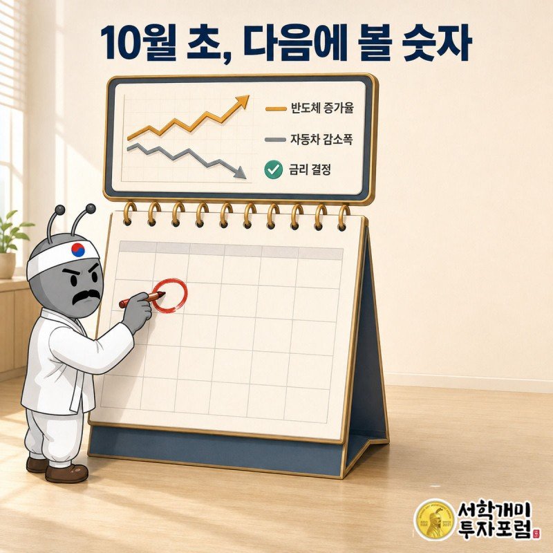 달력의 10월 초 날짜에 동그라미를 치며 신중한 표정을 짓는 양반개미