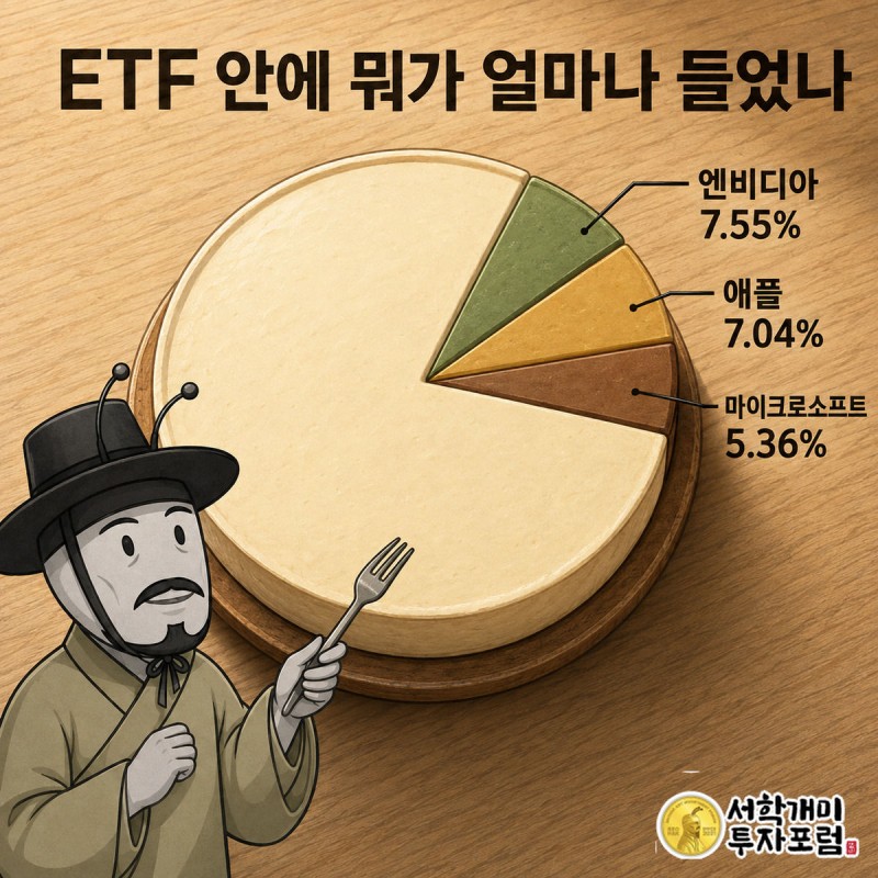 양반개미가 파이 케이크에서 가장 큰 엔비디아 조각을 포크로 가리키며 의심스러운 표정을 짓는 그림
