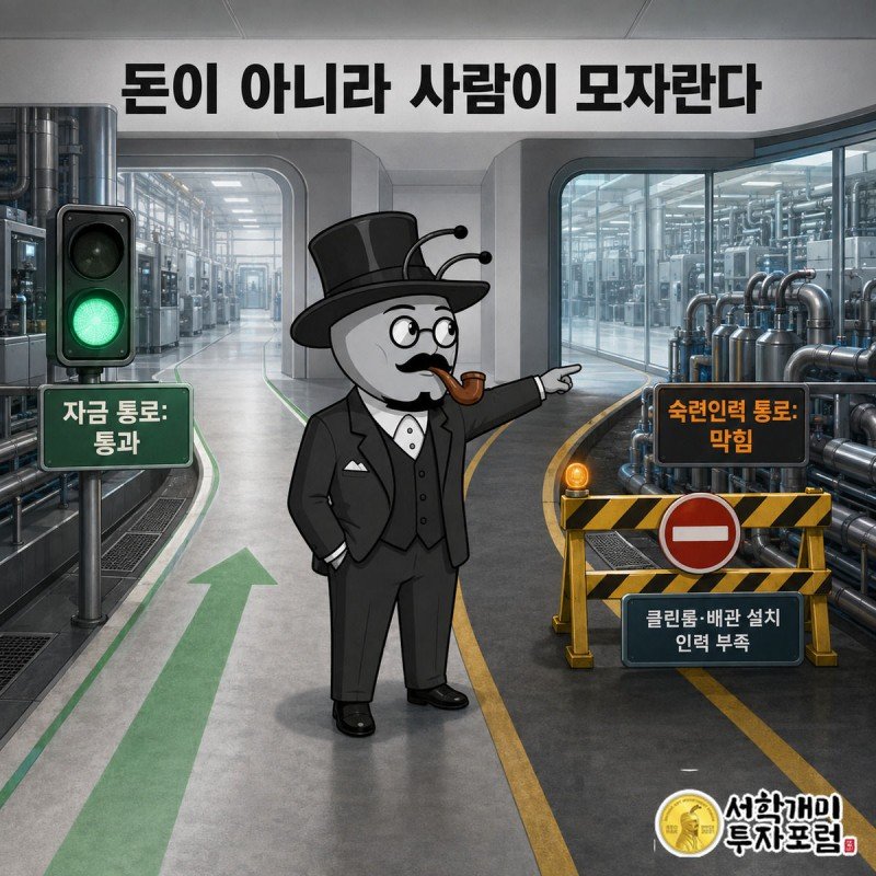 자금 통로는 초록불로 뚫려 있고 숙련인력 통로는 바리케이드로 막힌 갈림길에서 부자개미가 막힌 쪽을 가리키고 있다