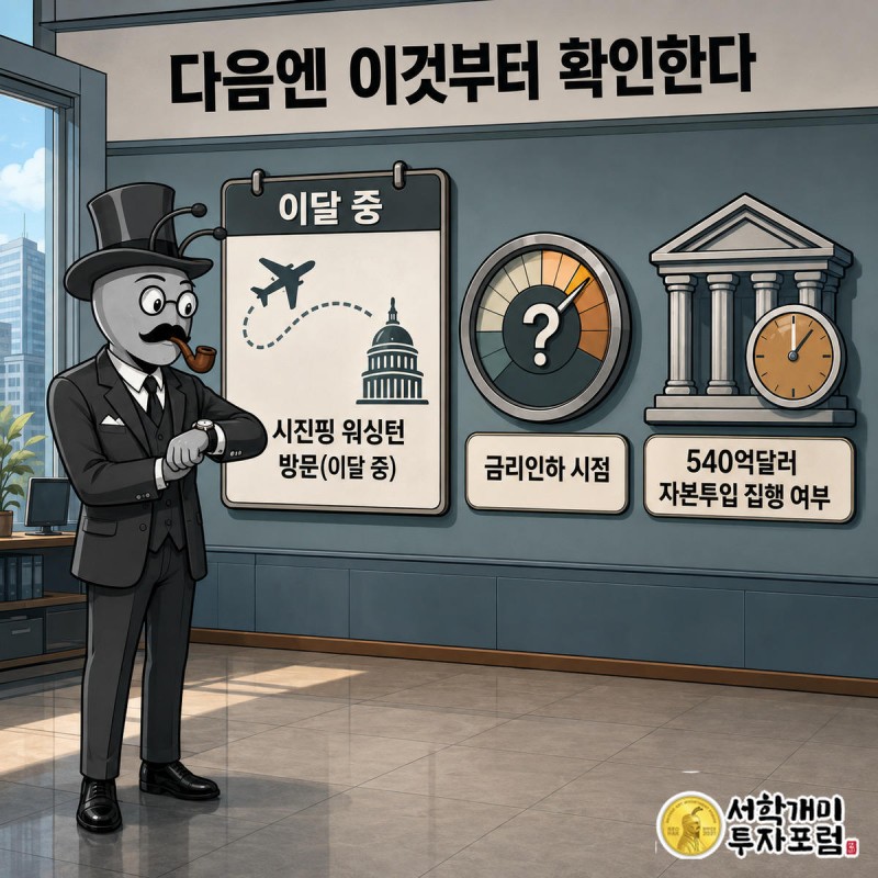 부자개미가 달력 앞에서 워싱턴 방문과 금리인하 시점을 확인하는 모습