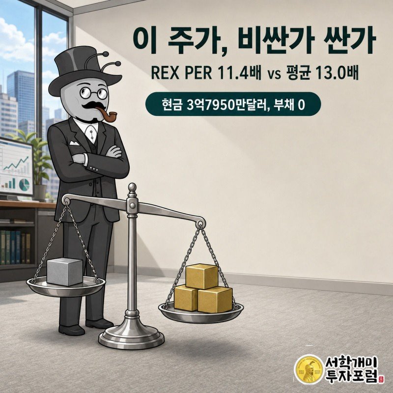 저울로 렉스아메리칸과 동종업체 주가수익비율을 비교하며 흥미로워하는 부자개미