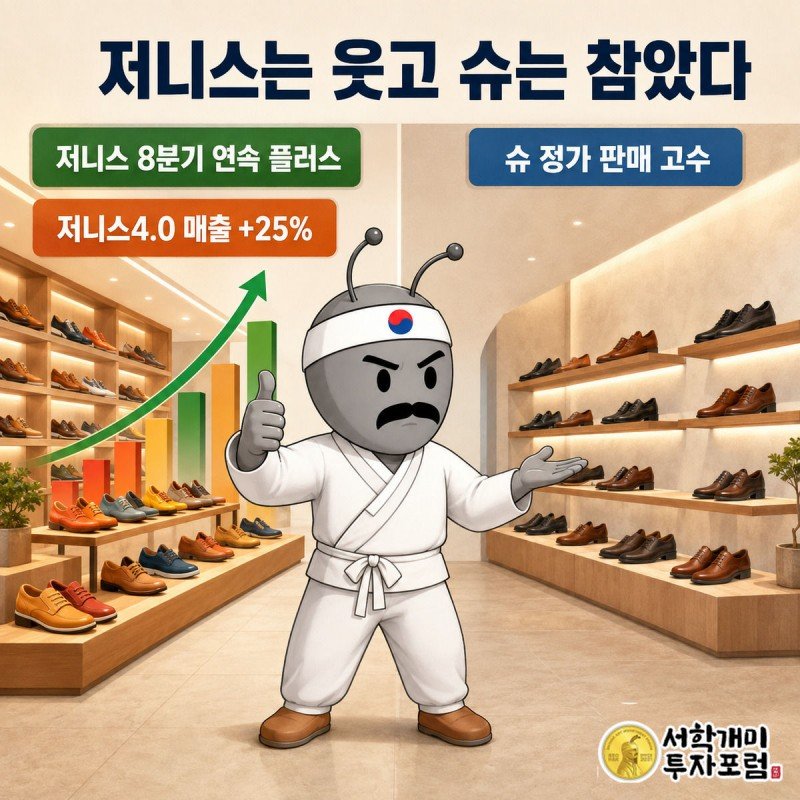 왼쪽엔 붐비는 저니스 매장, 오른쪽엔 정가표를 붙이는 슈 매장이 대비되고 개미 캐릭터가 중앙에서 양쪽을 비교하는 장면