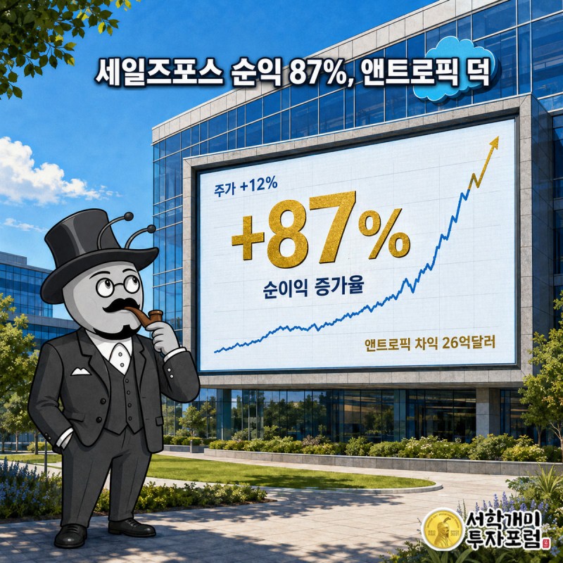 세일즈포스 사옥 앞에서 부자개미가 급등한 주가 차트를 보며 흐뭇해하지만 순이익 증가의 87%가 앤트로픽 투자차익임을 보여주는 골드 배지가 함께 떠 있다.