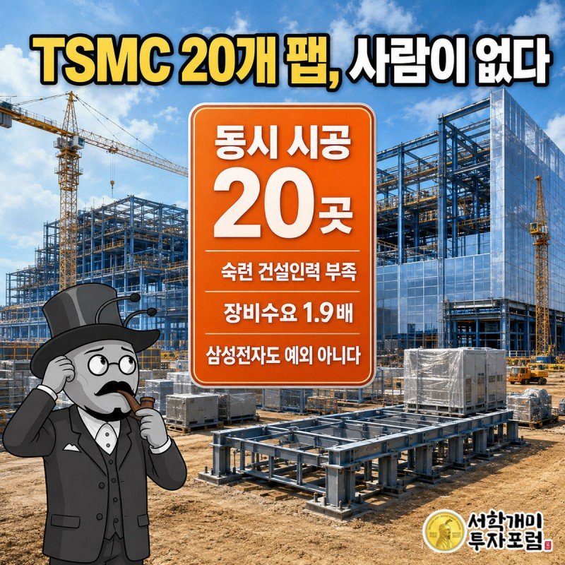 밝은 대낮 초대형 반도체 팹 공사장에서 서민개미가 텅 빈 작업대와 크레인을 올려다보며 낭패한 표정을 짓고, 화면 중앙에 
