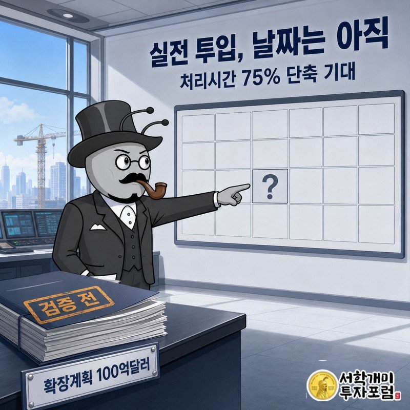 달력 앞에서 부자개미가 실전 투입 예정일 물음표를 보며 의심스러운 표정을 짓고, 옆 서류엔 검증 전 도장이 찍혀 있다