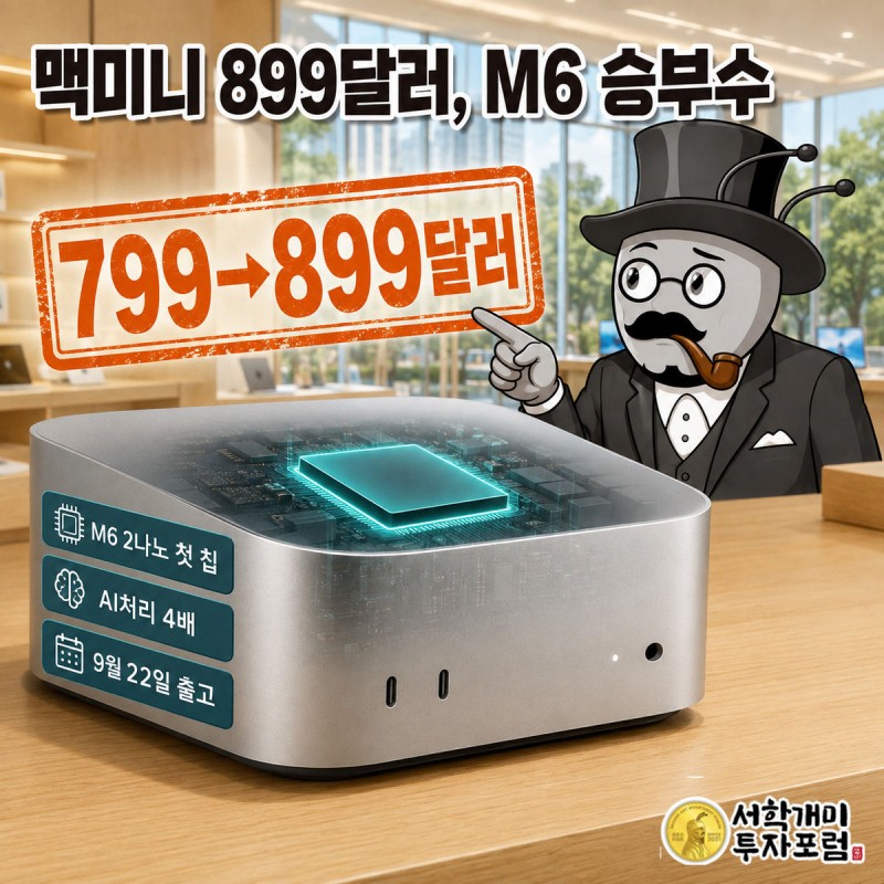 은색 맥미니 위에 799달러에서 899달러로 오른 가격 배지가 붙어 있고 서민개미가 놀란 표정으로 가격표를 가리키는 애플스토어 장면