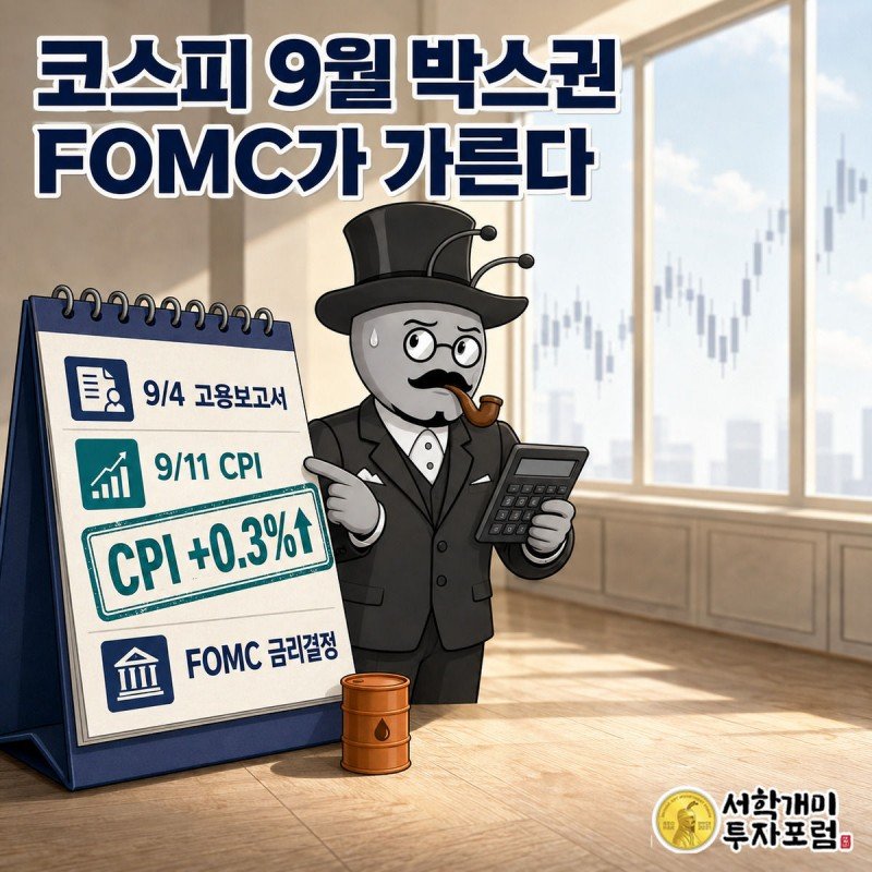 탁상 캘린더에 9월 고용보고서·CPI·FOMC 일정이 동그라미로 표시돼 있고 개미가 계산기를 든 채 걱정스러운 표정으로 날짜를 짚어보는 그림