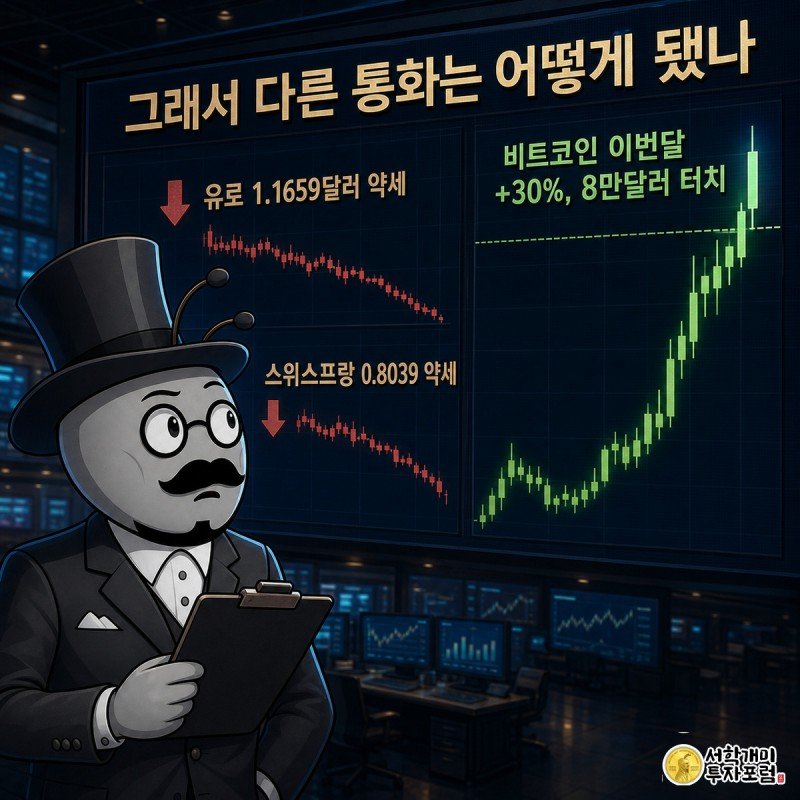 환율 전광판에서 유로와 스위스프랑의 약세를 확인하던 개미가 급등하는 비트코인 캔들차트를 보고 놀라는 그림