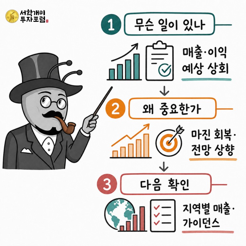에스티로더의 실적·마진 회복·다음 가이던스를 설명하는 원본 서학개미 기자