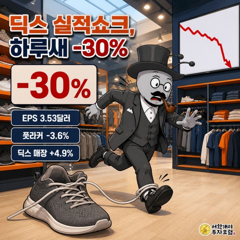풋라커 스니커즈에 발목을 붙잡힌 딕스 개미 캐릭터가 급락하는 빨간 차트 앞에서 놀란 표정을 짓고 있다