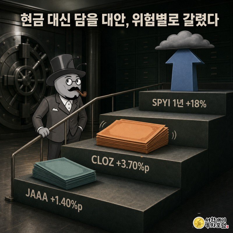 개미가 위험이 커지는 계단을 오르며 JAAA, CLOZ, SPYI 상품의 수익률을 확인하는 모습, 맨 위에는 상승을 가로막는 구름이 떠 있다