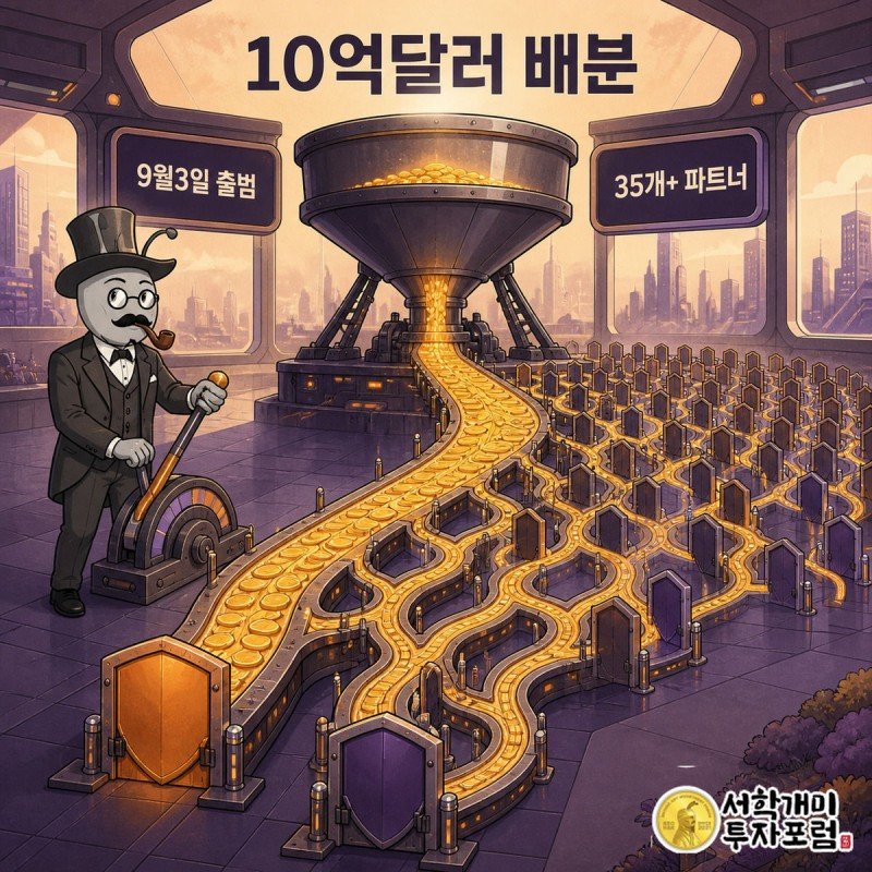 오픈AI 자금 탱크에서 금빛 자금이 컨베이어벨트를 타고 클라우드플레어·센티널원을 포함한 35개 이상 파트너 게이트로 나뉘어 흐르는 인포그래픽