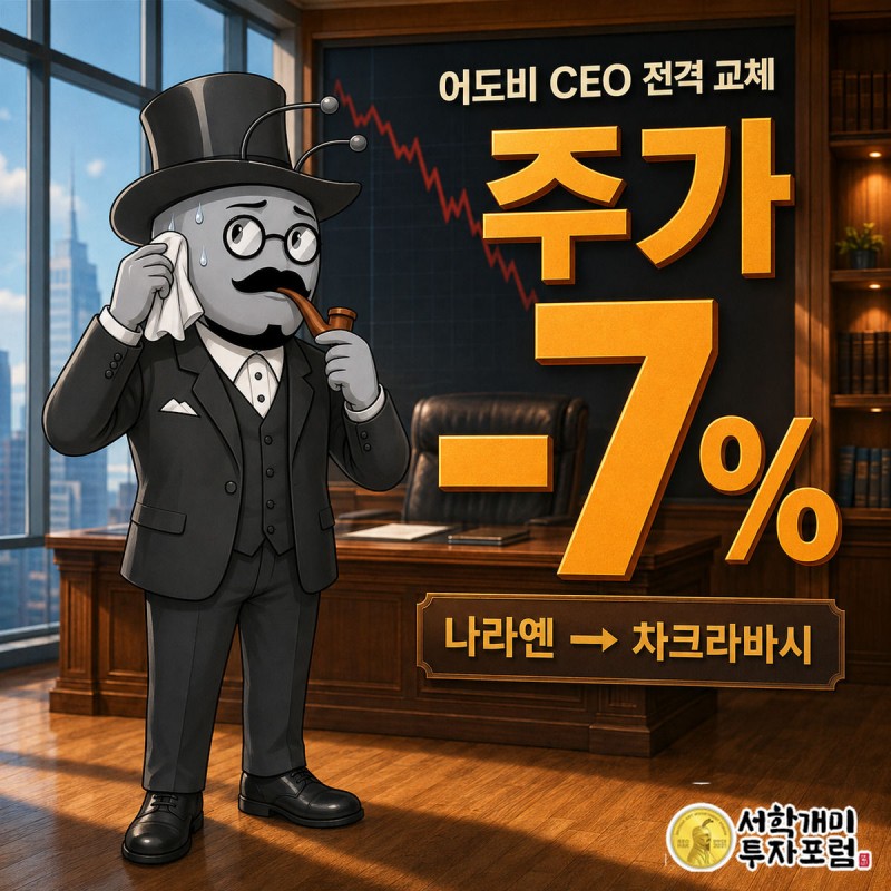 대각선으로 갈린 사무실 배경에서 부자개미가 급락하는 주가 그래프를 낭패한 표정으로 돌아보는 어도비 CEO 교체 발표 장면