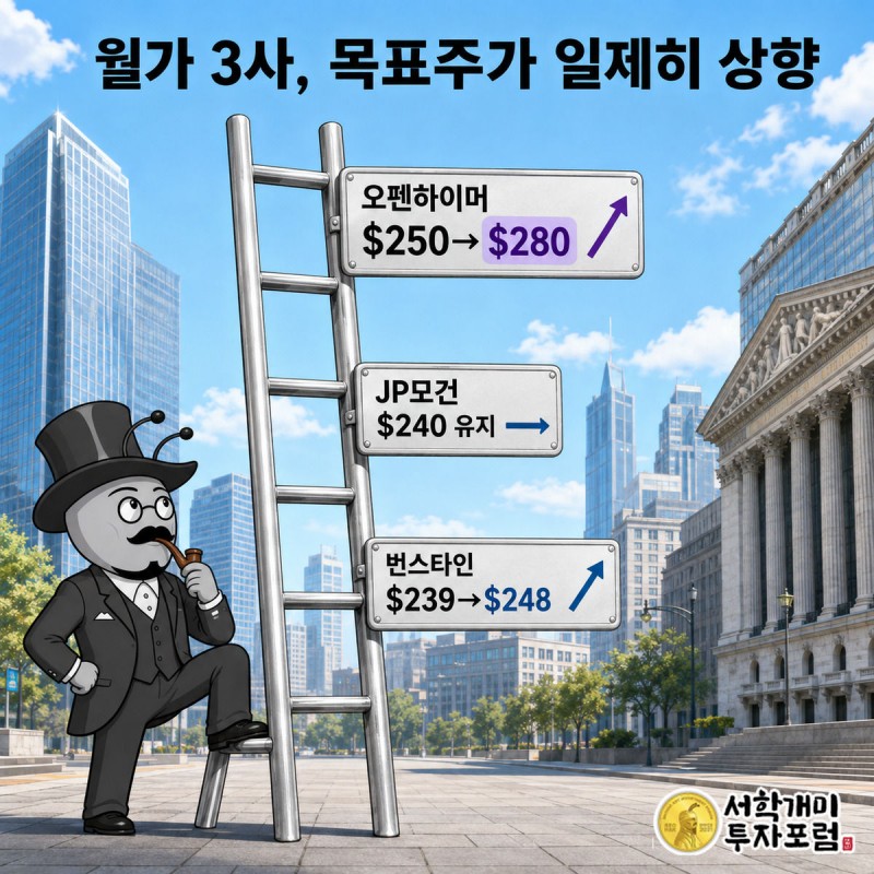 오펜하이머·JP모건·번스타인 목표주가 팻말이 걸린 사다리를 부자개미가 흐뭇하게 올려다본다