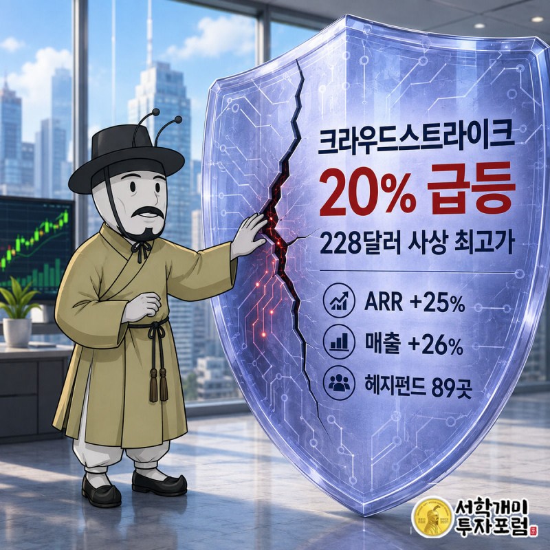 균열 난 디지털 보안 방패 앞에서 부자개미가 228달러 사상 최고가 배지를 가리키며 득의양양한 표정을 짓는 크라우드스트라이크 급등 소식 커버 이미지