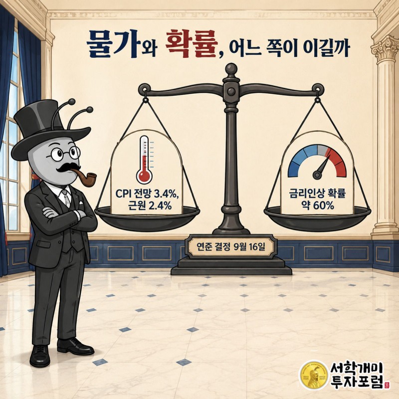 서민개미가 CPI 전망과 금리인상 확률이 맞서는 저울을 의심스럽게 바라보는 모습
