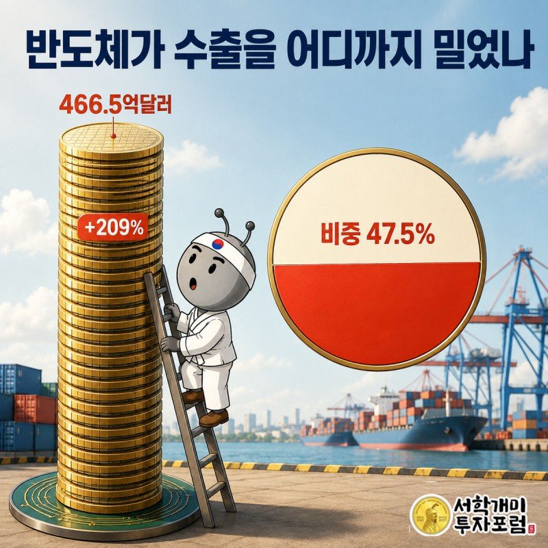 웨이퍼로 쌓인 그래프 기둥 꼭대기를 사다리 위에서 놀란 표정으로 올려다보는 서민개미
