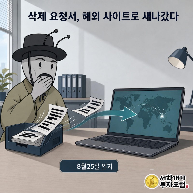 삭제요청 서류가 구글 접수함에서 해외 연구사이트 화면으로 빨려 들어가는 것을 양반개미가 놀라 지켜보는 그림