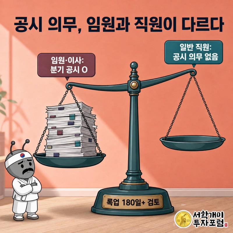 저울 한쪽엔 임원의 공시서류가 쌓이고 다른 쪽은 비어 기울어진 모습을 양반개미가 근심스레 바라보는 인포그래픽