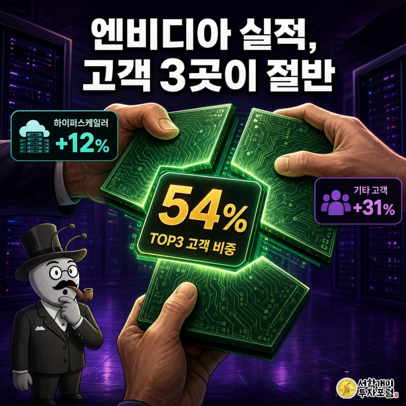 거대한 엔비디아 초록 GPU칩을 손 세 개가 나눠 쥐고 있고, 개미가 놀란 표정으로 올려다보며 상위 3개 고객이 매출 54%를 차지한다는 배지가 표시된 그림