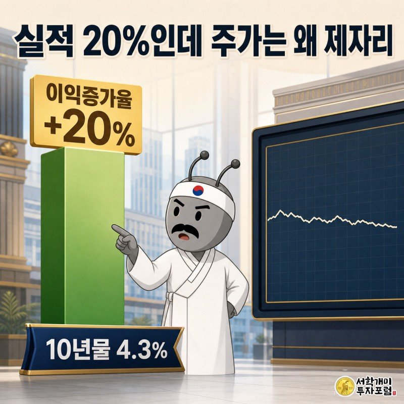 개미가 가파르게 오른 이익 증가율 막대그래프와 거의 움직이지 않는 주가 전광판을 번갈아 보며 의아해하는 그림