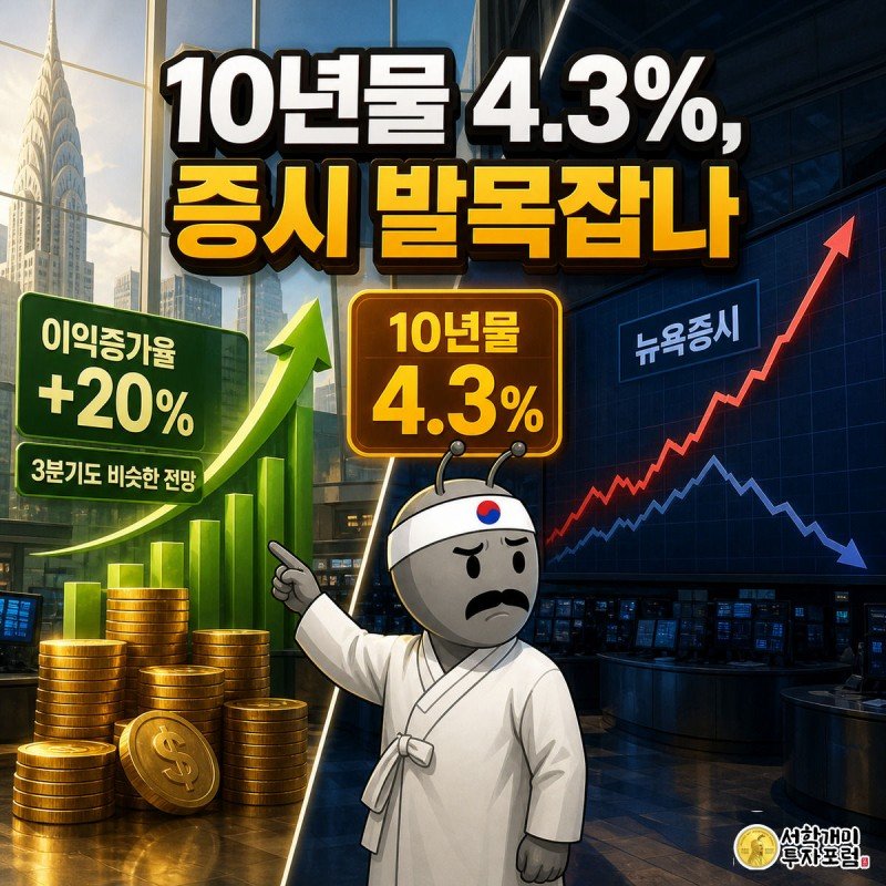 대각선으로 나뉜 화면 왼쪽에서는 개미가 급등하는 실적 그래프를 보며 뿌듯해하고 오른쪽에서는 치솟는 채권금리 곡선이 주가를 짓누르자 다른 개미가 낭패한 표정을 짓는 그림