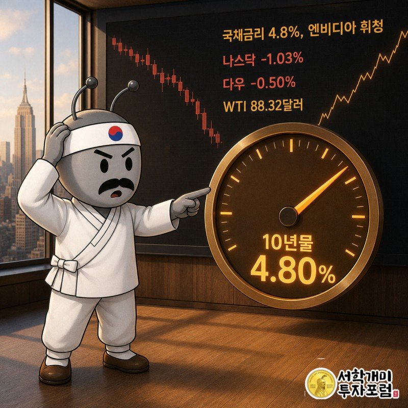 부자개미가 뉴욕 트레이딩룸 스크린 앞에서 치솟는 국채금리 그래프를 보고 낭패한 표정을 짓는 그림