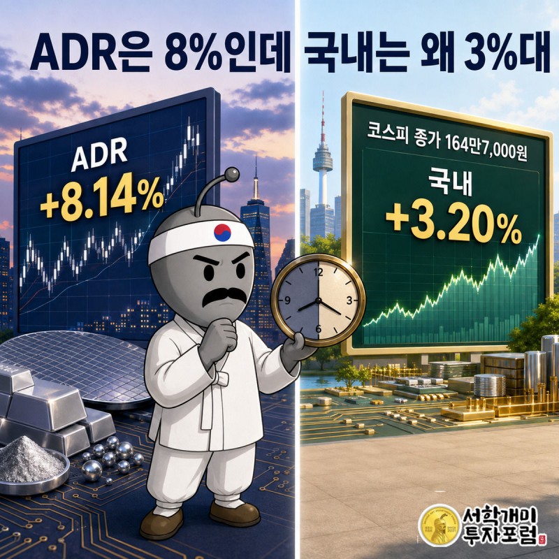 뉴욕 ADR 상승폭과 국내 코스피 SK하이닉스 상승폭을 좌우로 비교하며 개미가 시차를 가리키는 인포그래픽