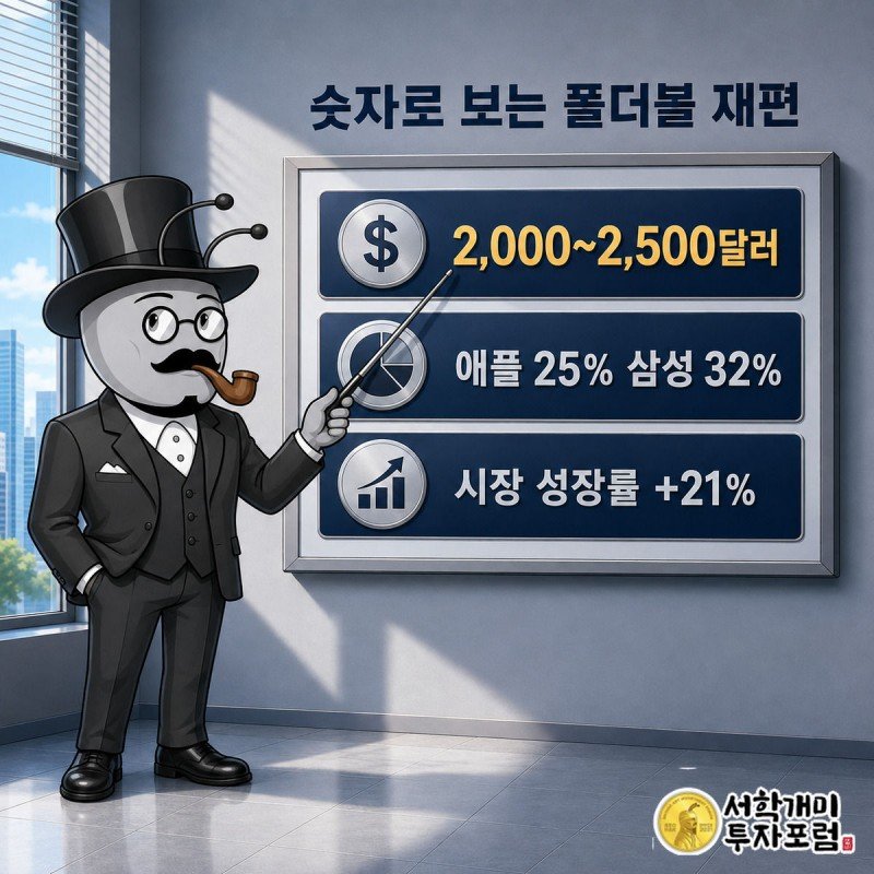 개미가 벽걸이 대시보드에서 폴더블 아이폰 가격·점유율·시장 성장률 카드를 포인터로 짚으며 자신만만하게 설명하는 그림